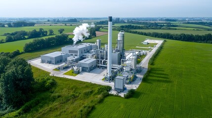 Poster - Aerial perspective showcasing a state of the art biofuel processing facility surrounded by flourishing greenery