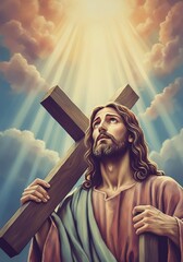 Spiritual illustration of Jesus holding cross under radiant sky.