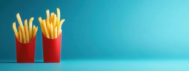 Two red containers filled with crispy golden French fries stand against a vibrant blue background, showcasing a classic fast food favorite. Perfect for food lovers!