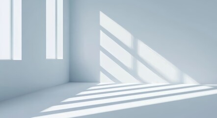 Poster - Shadows and light from windows on plaster wall create an abstract light blue background for product presentation.