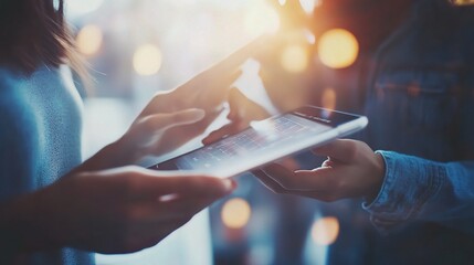 Poster - People Using Digital Tablets with Light Bokeh Background