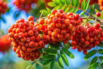 Ripe mountain ash berries on branch with low angle view