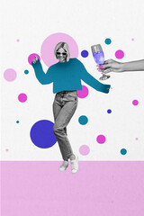 vertical photo collage of happy blonde girl dance weekend occasion hand offer champagne glass bevera