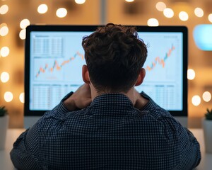 A focused individual analyzes data trends on a computer screen, illuminated by soft lighting in a modern workspace.