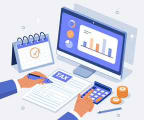 Poster - finance and accounting concept. financial adviser preparing tax declaration, calculating income tax 