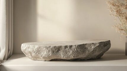 Poster - A simple, rustic stone slab rests on a beige surface, highlighted by natural light, adding an earthy touch to the minimalist decor.