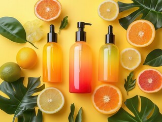 Colorpopping skincare bottles with gradient designs from yellow to orange, surrounded by tropical fruits and foliage, evoking summer vibes and energy