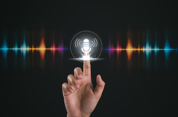 Fototapete - Voice recording. Man touching microphone icon on smart phone. Mobile application Record sound, audio, music, voice message. or Use your voice to direct AI to search for information on Internet.