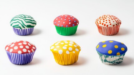 A collection of colorful cupcakes with various patterns, showcasing vibrant designs and playful textures against a white background.