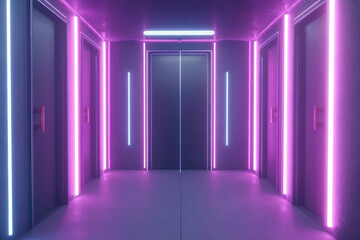 Poster - A lively corridor featuring elevators adorned with neon lights, casting a dynamic glow in vivid colors on the surrounding surfaces.