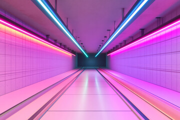 Poster - A futuristic hallway designed like a tunnel, featuring vibrant neon lights along the walls and ceiling, creating a dynamic visual flow.