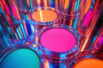 Bold makeup compacts in saturated neon colors, arranged in a kaleidoscope pattern, with intense, glowing light shining through the compacts