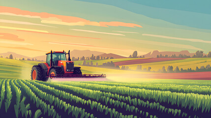 Wall Mural - A tractor is spraying a field with a yellow liquid