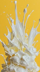 Paint Splashes, White Juice on Yellow Background, Abstract Image, Texture, Pattern Background, Wallpaper, Cover and Screen of Smartphone, PC, Laptop, 9:16 and 16:9 Format