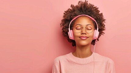 Relaxed young woman enjoying music with pink headphones against pink background.