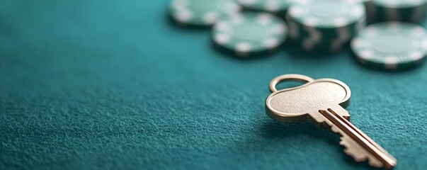 High Stakes Casino Night Tiny House Dreams and Final Bet Tension with Shiny Key and Poker Chips on Green Felt Table - Perfect for Gambling Themes