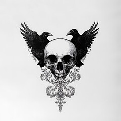 A black and white illustration of a skull with two ravens perched on top of it, surrounded by ornate floral designs.