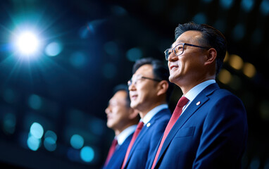 Three individuals in suits stand confidently under bright lighting, conveying a sense of professionalism and unity in a focused environment.