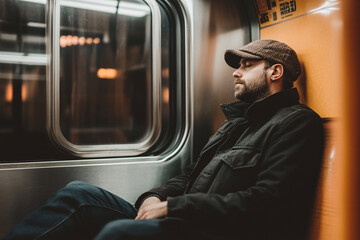 young man sitting and sleeping on a subway train