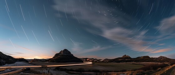 Wall Mural - Star trails above a peaceful rural landscape under a clear night sky evoke wonder and the passage of time.