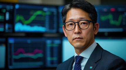 Fototapete - A focused businessman in glasses poses confidently in front of multiple digital stock market charts, suggesting a dynamic finance environment.