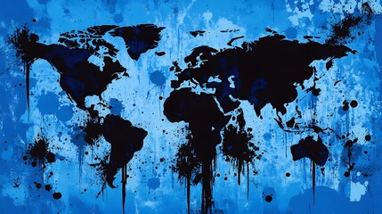 Poster - A black silhouette of the world map with blue splatters.