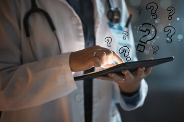 Poster - Tablet, health and hands of doctor with question mark, search and online network in healthcare overlay. Icon, hologram and medical professional person with digital app, research and telehealth data.