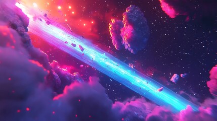 Poster - A bright blue beam of light streaks through a cosmic nebula, surrounded by pink and red clouds and asteroids.