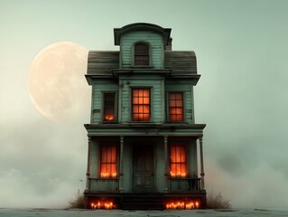 Spooky Victorian style haunted house with a towering facade flickering candles in the windows and a full moon casting an eerie shadow over the nighttime scene