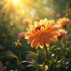 Wall Mural - Delicate petals of a peach dahlia unfurl bathed in warm sunlight creating a tranquil atmosphere in a beautiful garden beautiful floral atmosphere 