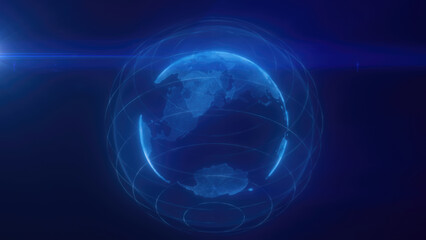 Poster - A digital representation of blue Earth with glowing lines encircling the planet, highlighting global connectivity and technology