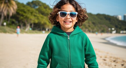 Playful Latin Hispanic Kid with Wavy Hair in Green Hoodie and Sunglasses at a Sunny Beach