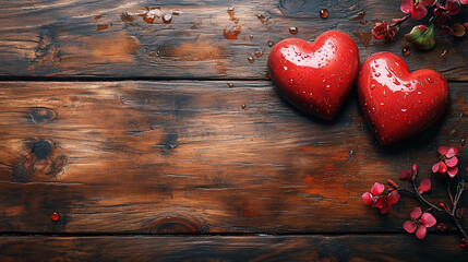 Valentines day background with two hearts on wooden background
