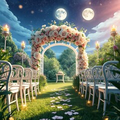 Surreal wedding scene, floral arch, two moons in sky, starry night, garden pathway, white chairs, dreamlike atmosphere, fantasy landscape, magical lighting, romantic setting, ethereal glow, lush green