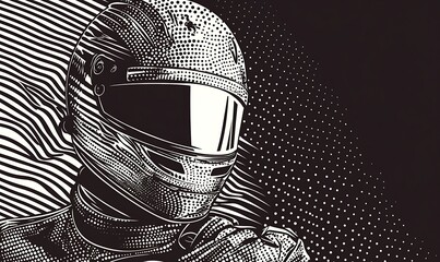 Aufkleber - A closeup of a race car driver's helmet, with a blurred background of racing stripes and a halftone pattern.