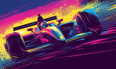 Aufkleber - A colorful illustration of a race car speeding down a track with a bright yellow, pink, and blue color scheme.