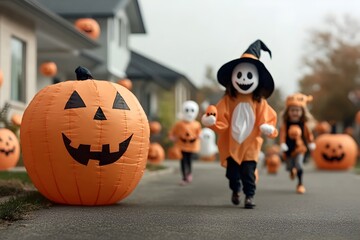 Suburban neighborhood on Halloween night houses adorned with jack o  lanterns inflatable ghosts and animated skeletons children in creative costumes excitedly trick or treating down the street