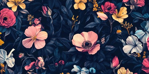 Poster - Colorful floral pattern is displayed on a dark background. The flowers are arranged in a way that creates a sense of depth and movement. Scene is one of beauty and tranquility