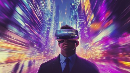 Poster - Handsome business man in VR glasses. Blurred spectacular background in motion