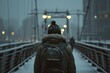 © vefimov - Person wearing a black hat and a backpack is walking across a bridge. The scene is set in a snowy environment, with the person's hat and backpack providing protection from the cold