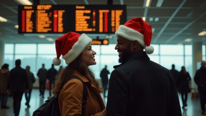 Elderly couple man and woman in red santa claus hats at the airport in the waiting area, man and woman traveling to New Year or Christmas, Christmas holidays