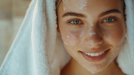 Wall Mural - Woman with a white towel covering her face is smiling. She has a white cream on her face