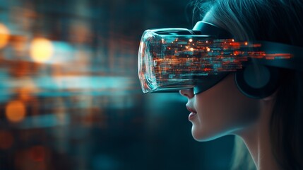 Poster - beauty  business woman in VR glasses. Blurred spectacular background in motion
