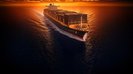 Wall Mural - A large cargo ship is sailing on the sea, with a sunset, orange sky, dark clouds, and an aerial photography perspective. The distant view, captured with a wide-angle lens, showcases the warm colors, c