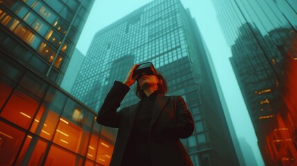 Poster - beauty  business woman in VR glasses. Blurred spectacular background in motion