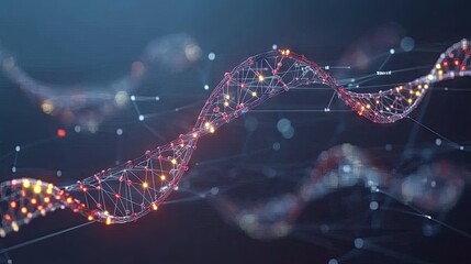 Fototapete - 3D-rendered DNA strand floating in a virtual reality environment with data overlays, surrounded by digital elements