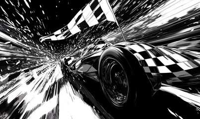 Aufkleber - A race car speeding towards the checkered flag finish line.