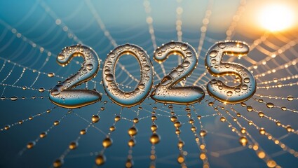 2025 dew drops on a spider web forming the numbers