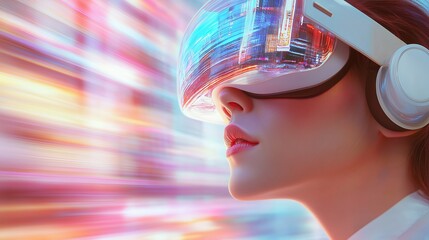 Poster - beauty  business woman in VR glasses. Blurred spectacular background in motion