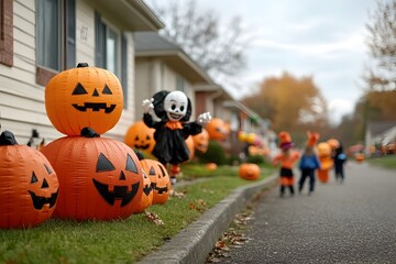 Suburban neighborhood on All Hallows  Eve houses adorned with jack o  lanterns inflatable characters and animated skeletons children in creative costumes excitedly trick or treating down the street